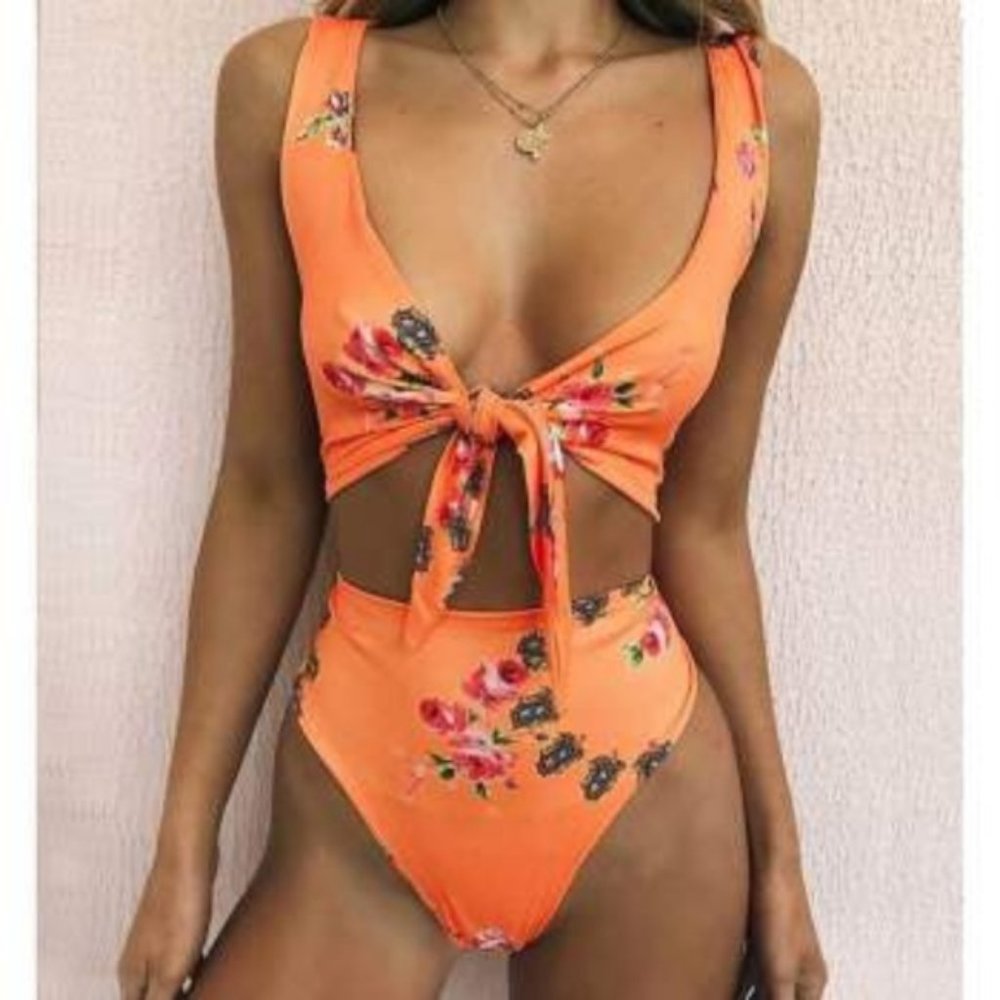 ORANGE PRINT CUT OUT TIE FRONT ONE PIECE SWIMSUIT